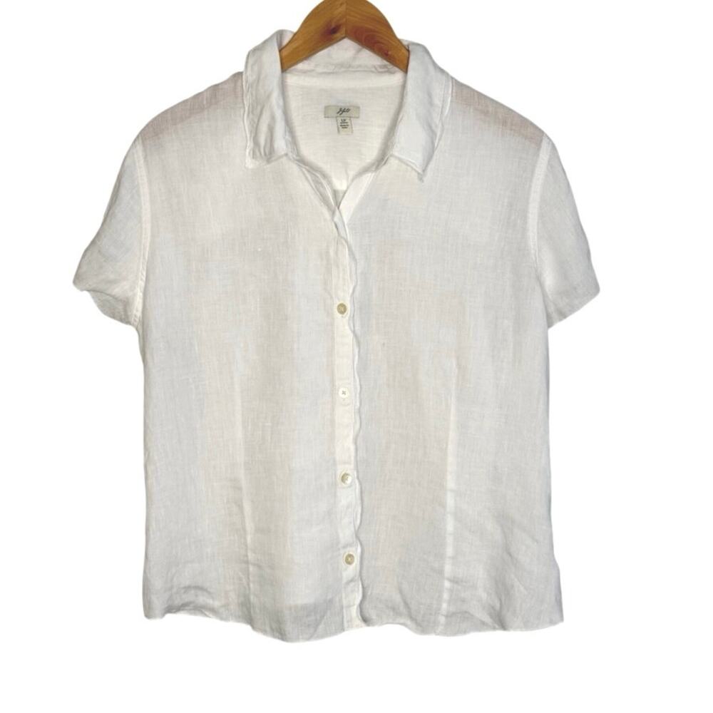 J. Jill white linen button down short sleeve Large petite classic C. Kennedy